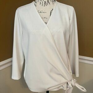 Ann Taylor Faux Wrap Side Tie White V Neck Blouse size L